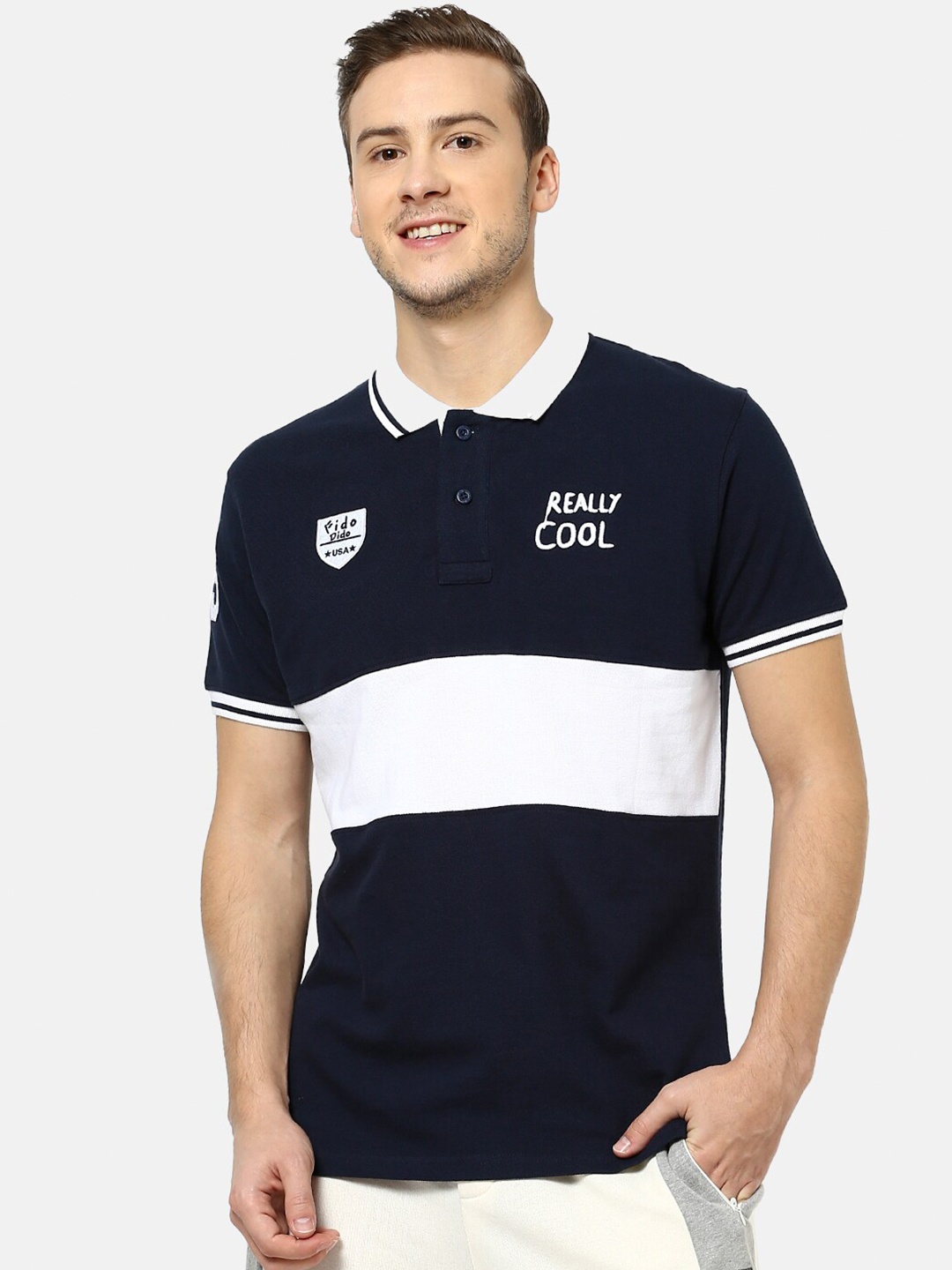 

FIDO DIDO Men Navy Blue & White Colourblocked Polo Collar Slim Fit T-shirt