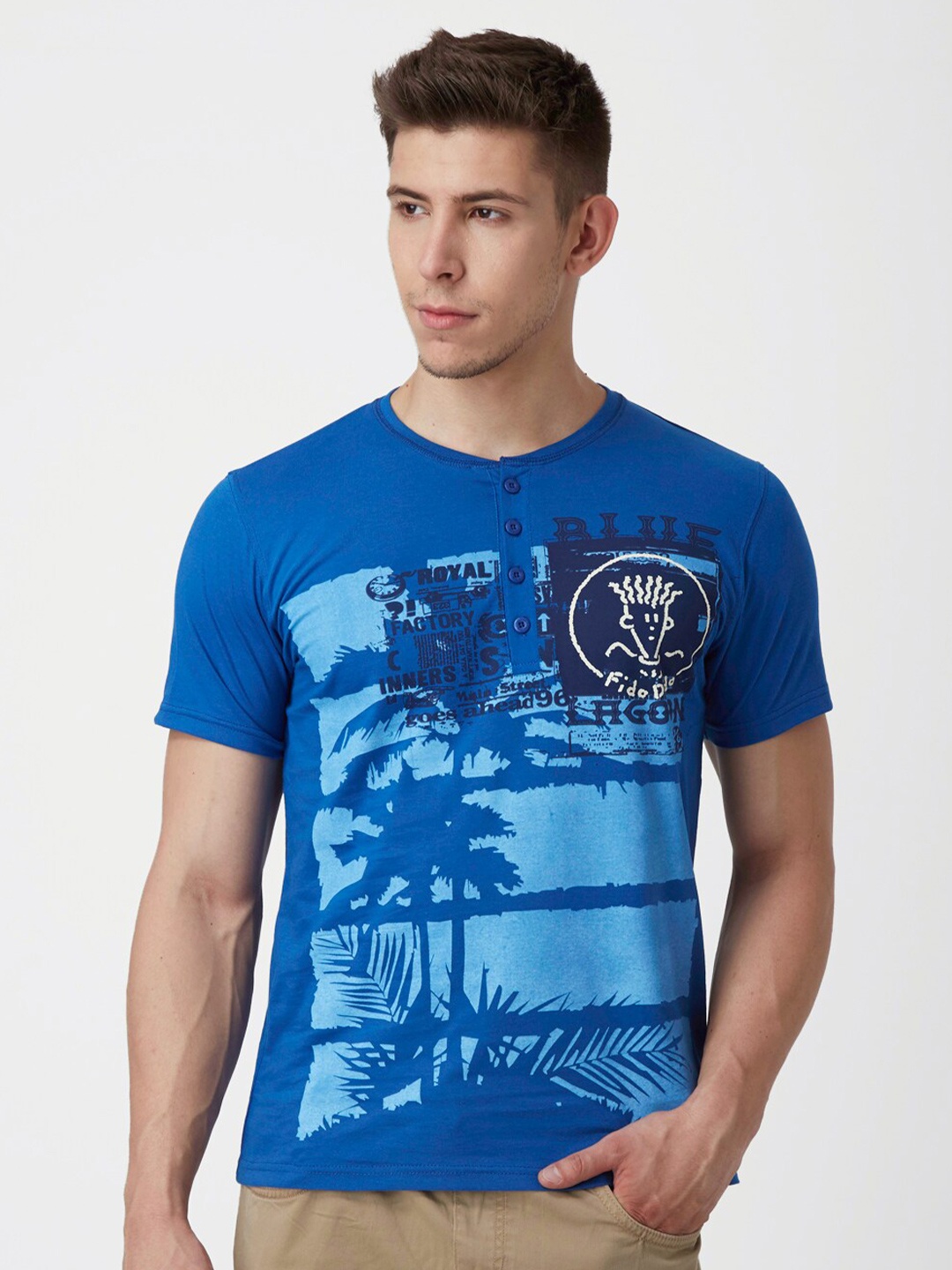 

FIDO DIDO Men Blue Printed Henley Neck Raw Edge Slim Fit T-shirt
