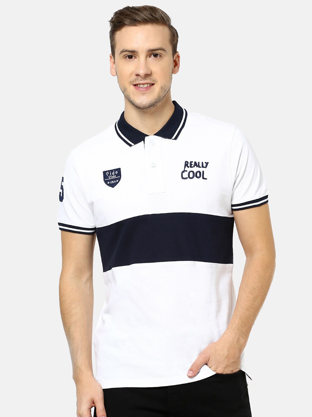 

FIDO DIDO Men White Navy Blue Colourblocked Polo Collar Slim Fit Pure Cotton T-shirt