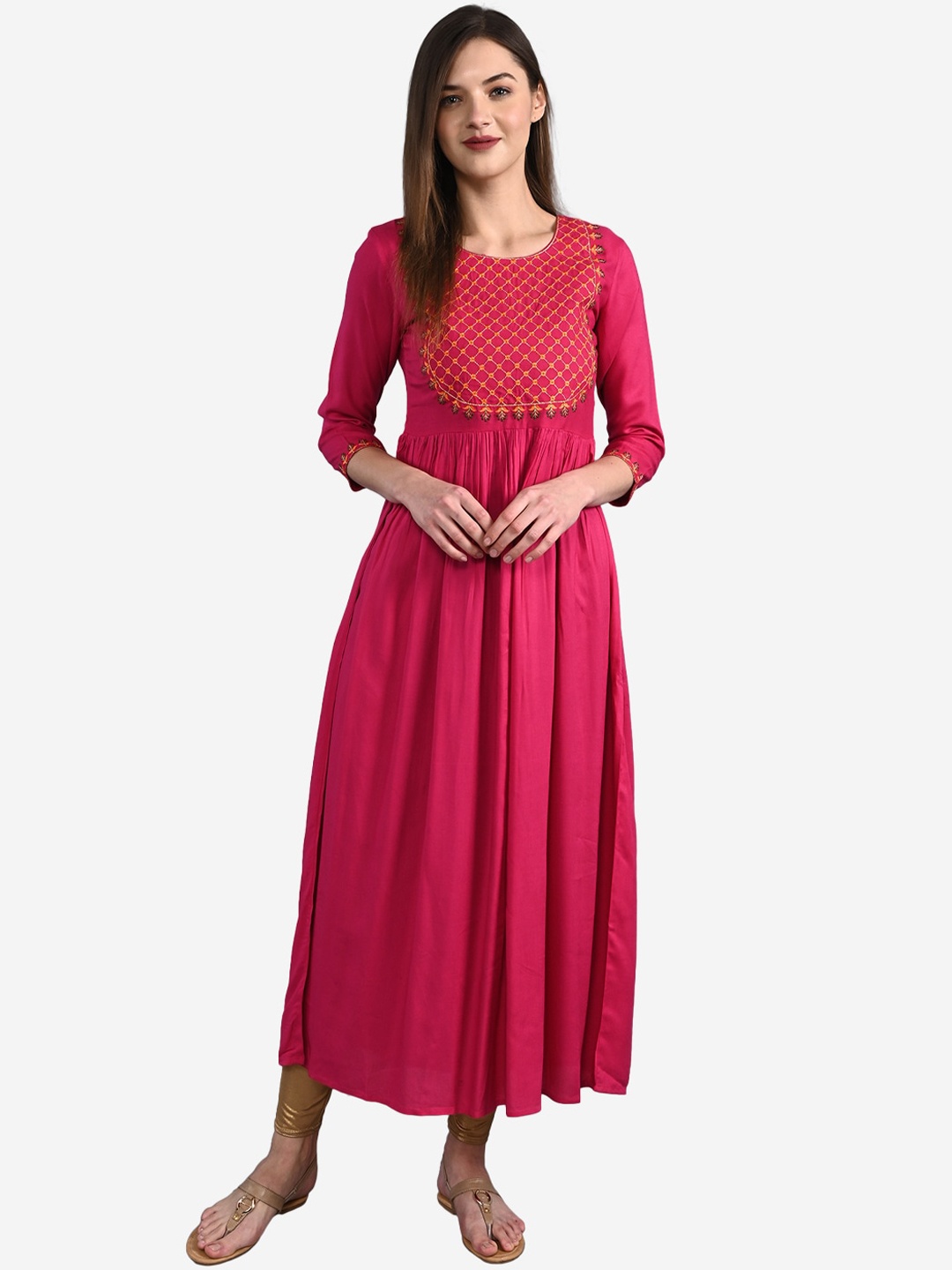 

GULMOHAR JAIPUR Women Pink Ethnic Motifs Yoke Design Thread Work Anarkali Kurta