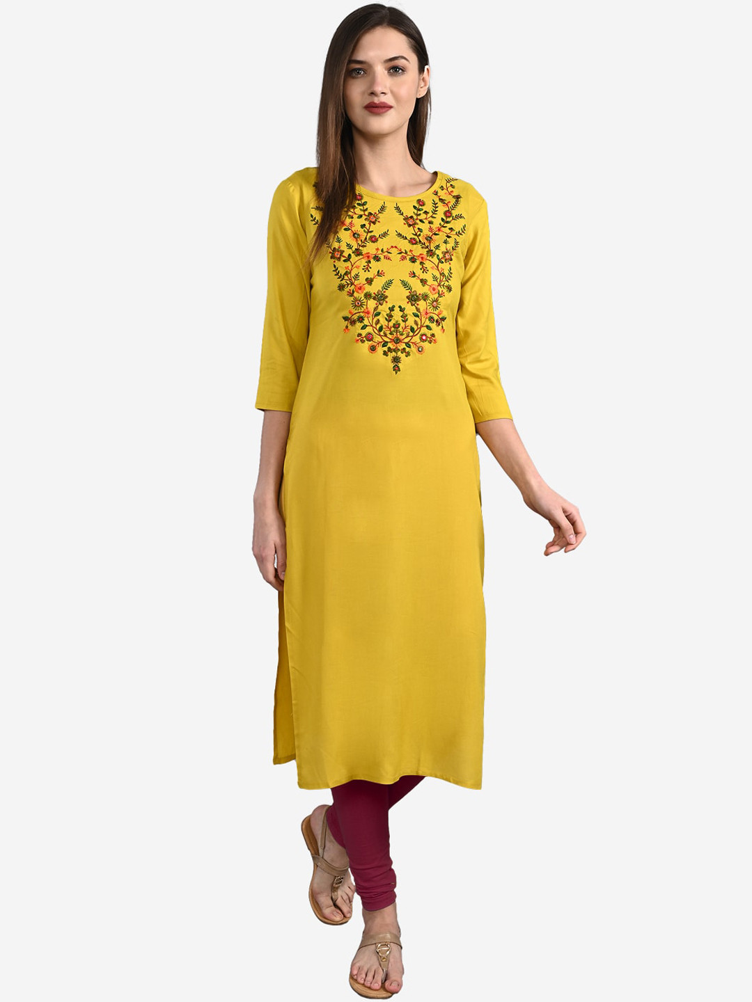 

GULMOHAR JAIPUR Women Yellow & Green Floral Embroidered Thread Work Kurta