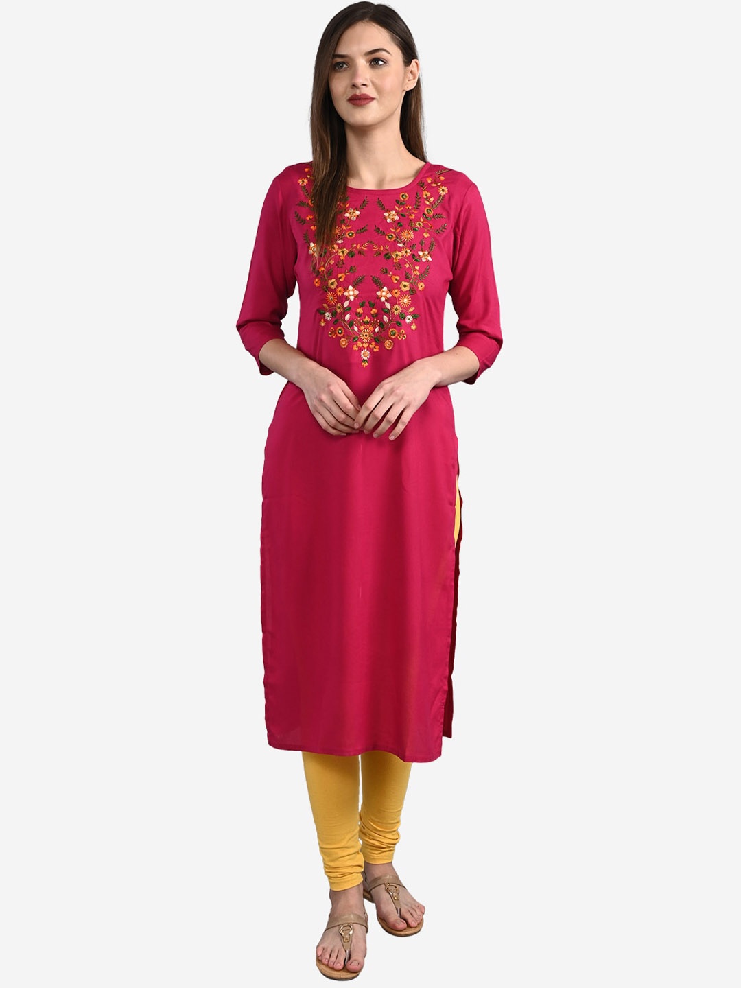 

GULMOHAR JAIPUR Women Maroon & Yellow Ethnic Motifs Embroidered Thread Work Kurta