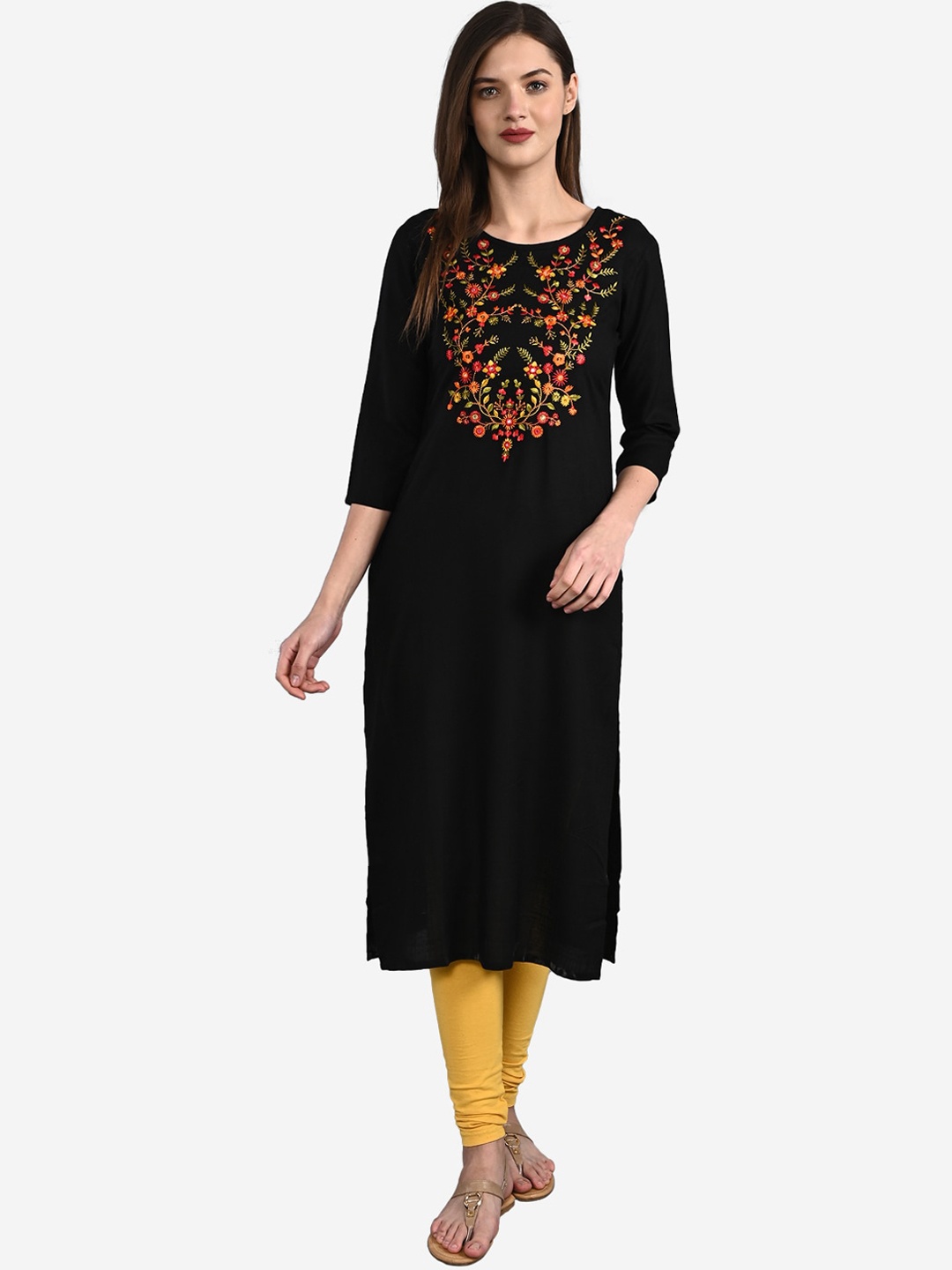 

GULMOHAR JAIPUR Women Black & Orange Floral Embroidered Kurta