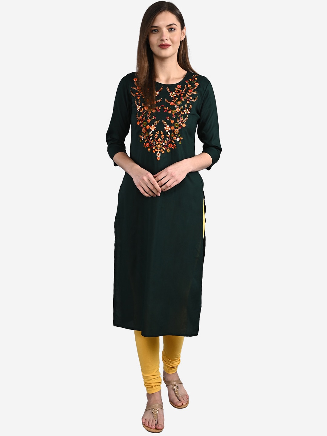 

GULMOHAR JAIPUR Women Olive Green & Red Yoke Embroidered Straight Kurta