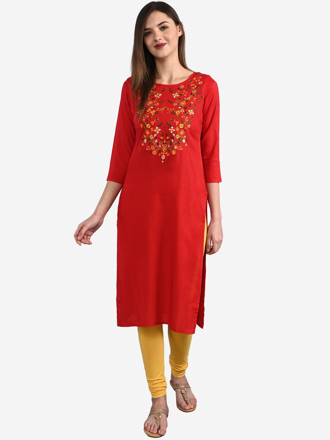 

GULMOHAR JAIPUR Women Red & Green Floral Embroidered Thread Work Kurta