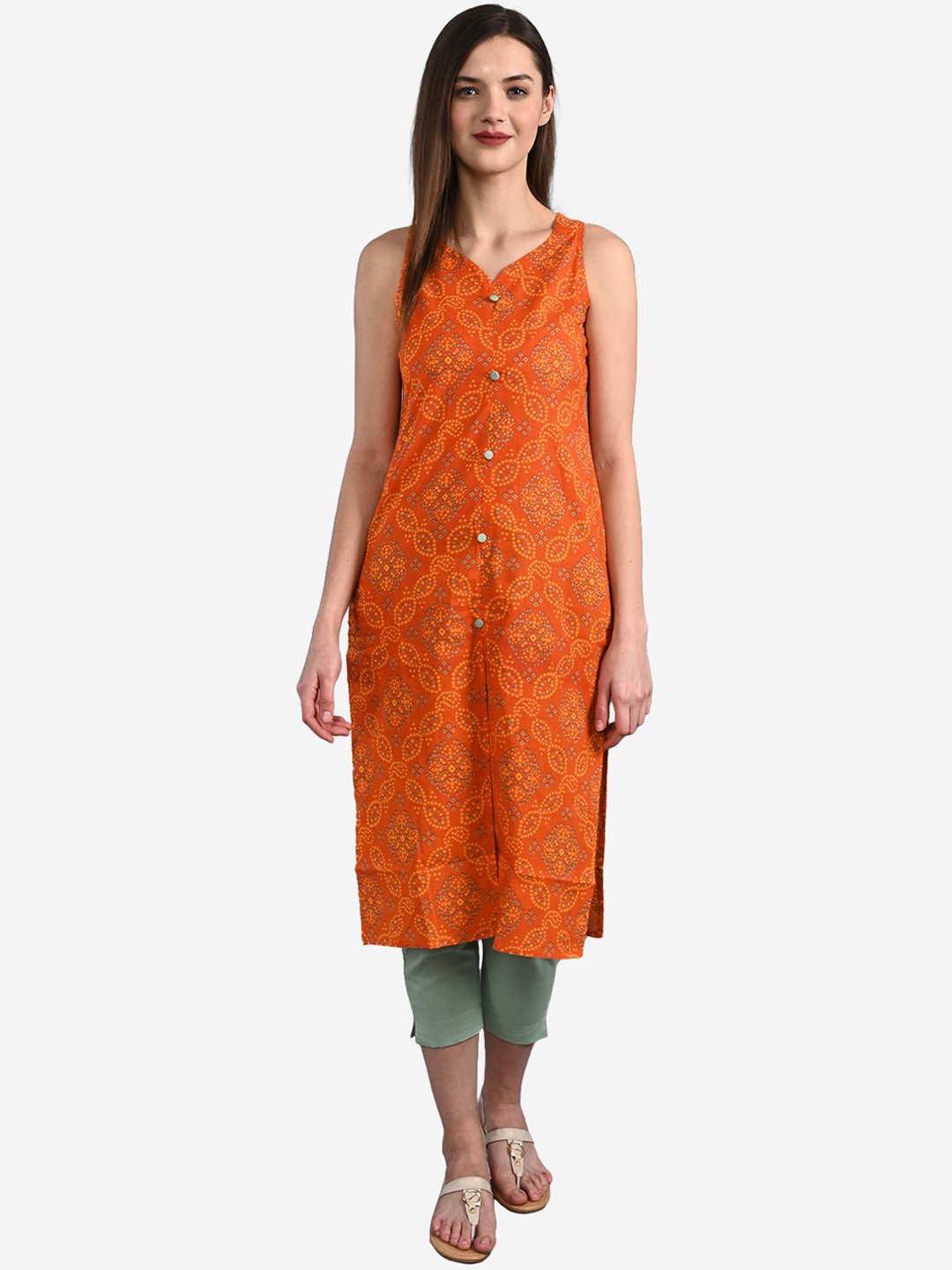 

GULMOHAR JAIPUR Women Orange Bandhani Printed Sleeveless Kurta