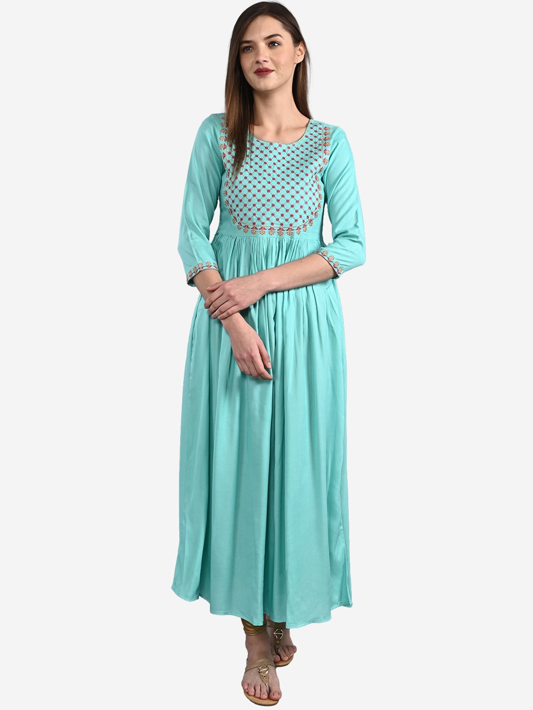 

GULMOHAR JAIPUR Women Turquoise Blue & Pink Yoke Design Thread Work Anarkali Kurta