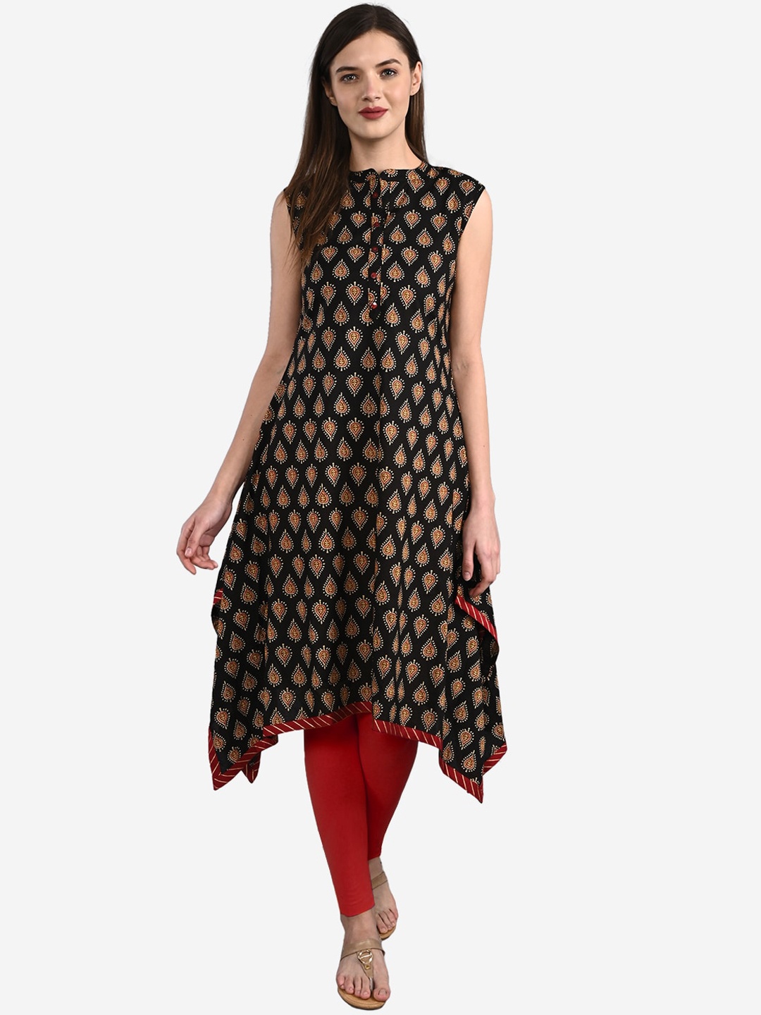 

GULMOHAR JAIPUR Women Black & Beige Ethnic Motifs Bagru Printed Kurta