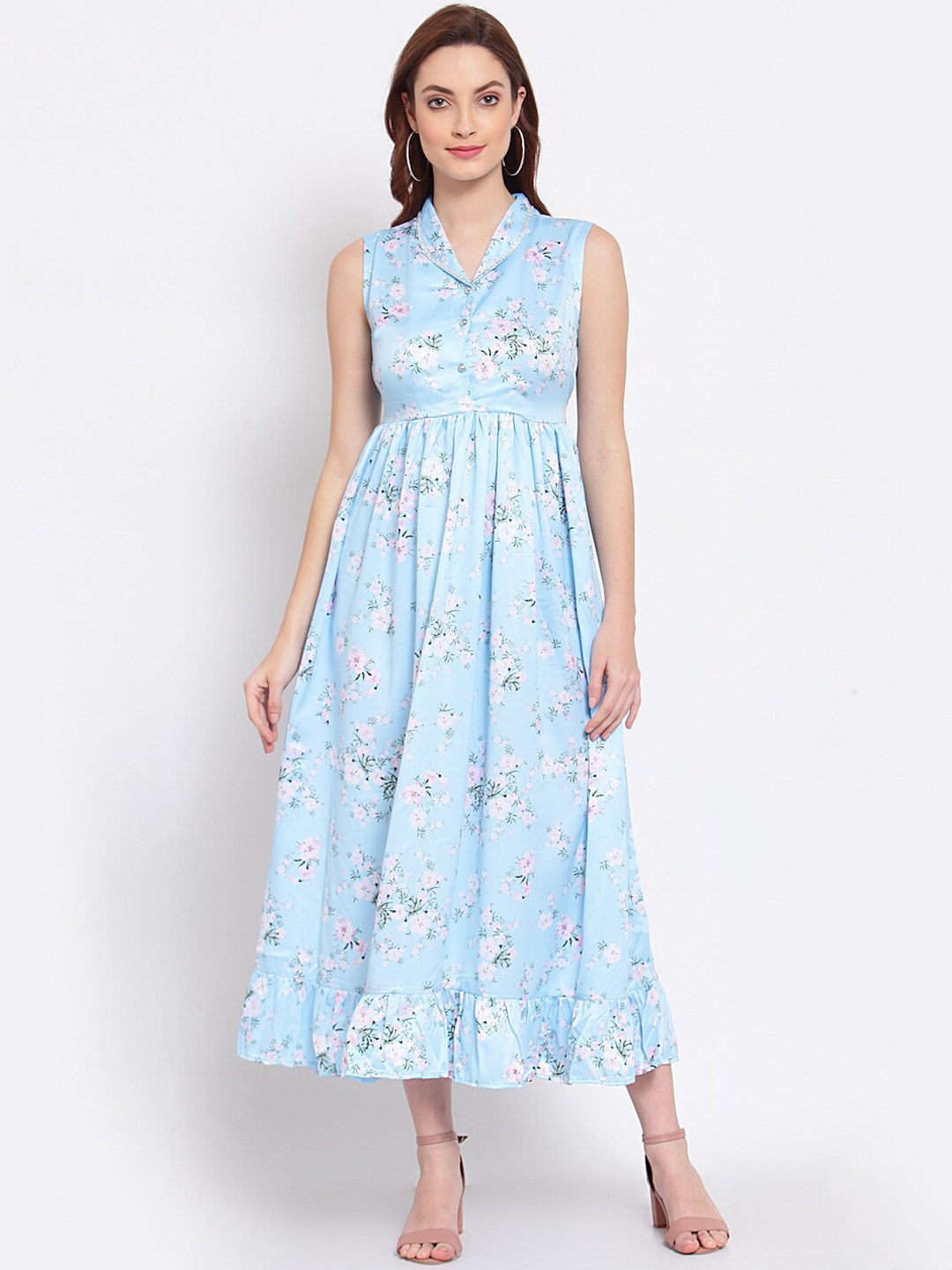 

Myshka Blue Floral Printed Cotton Blend Midi Dress