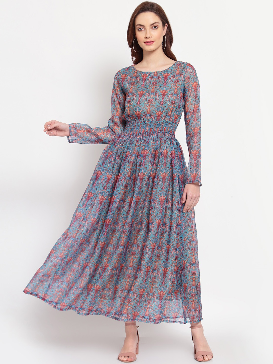 

Myshka Women's Multicoloured Floral Fit & Flare Smocked Maxi Dress, Multi