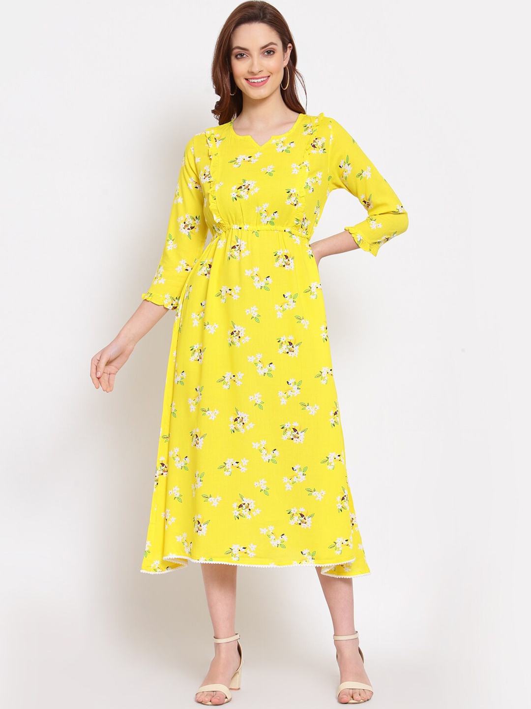 

Myshka Yellow & White Floral Printed Fit & Flared Midi Dress