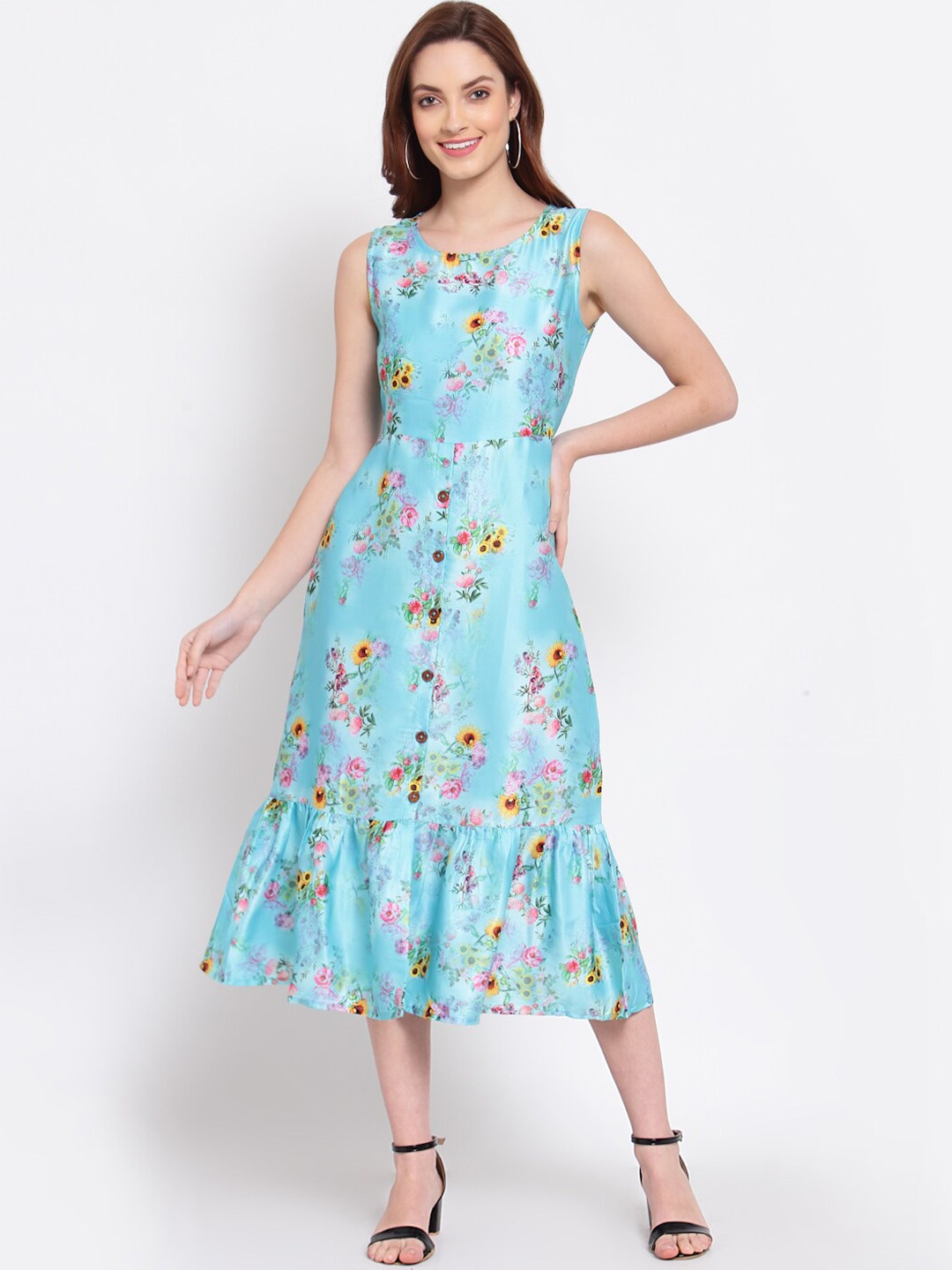 

Myshka Green Floral Printed A-Line Midi Dress