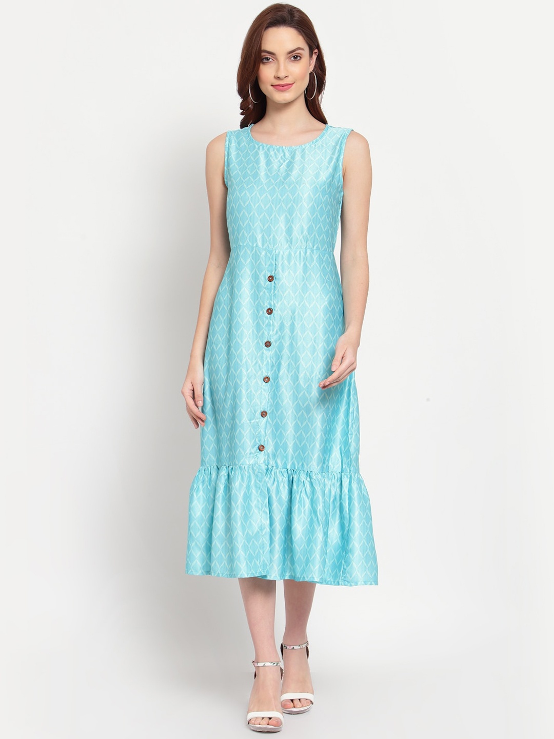 

Myshka Turquoise Blue & Off White A-Line Midi Dress