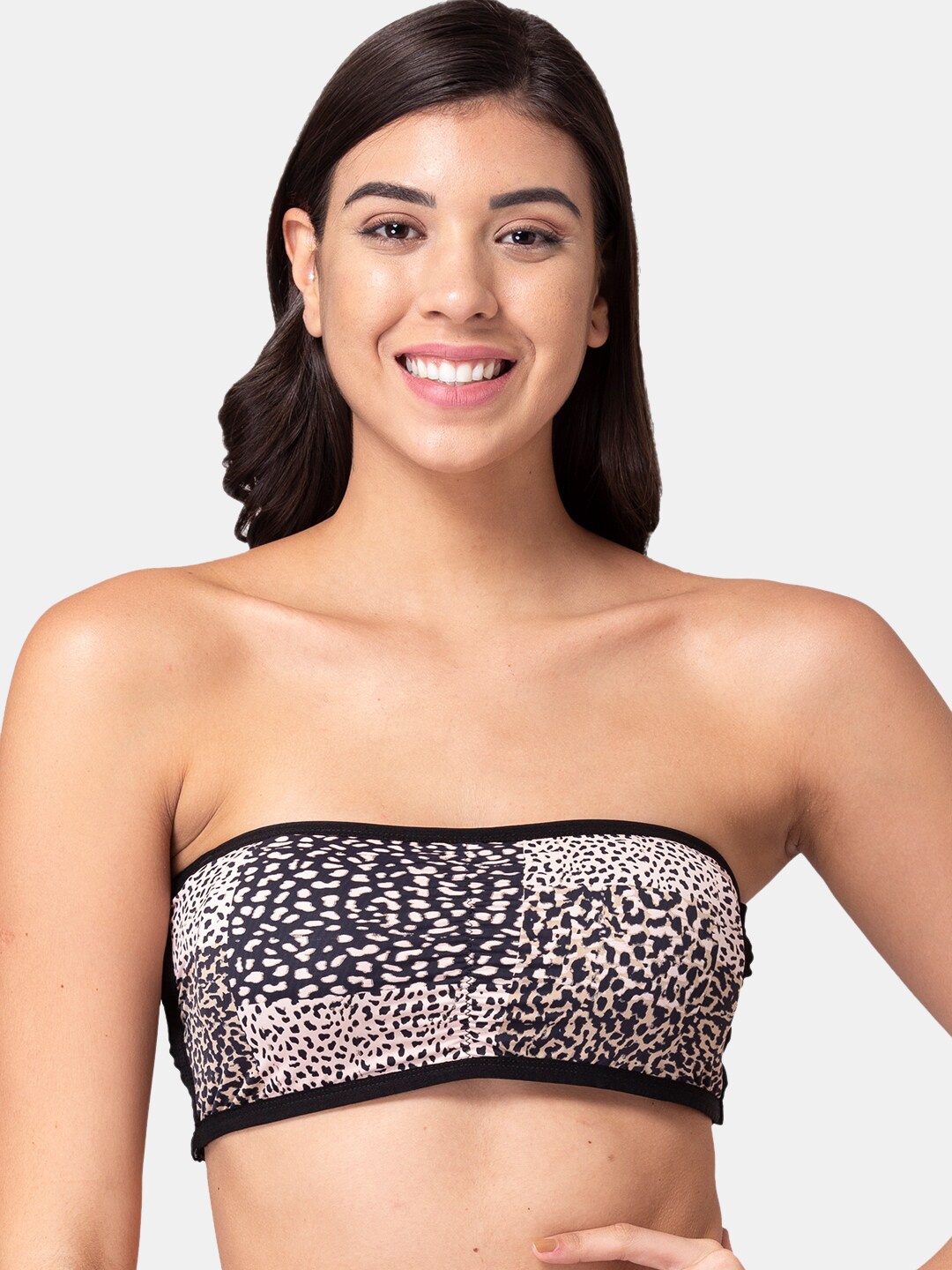 

KOMLI Black & Pink Printed Bandeau Bra - Wireless Removable Padding