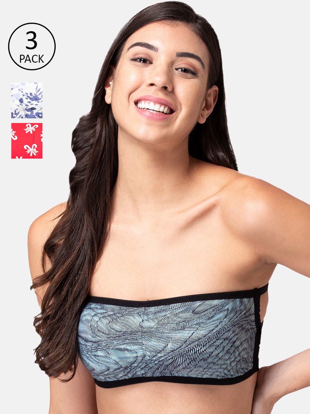 

KOMLI Pack Of 3 Printed Bandeau Bras - Wireless Removable Padding, Red