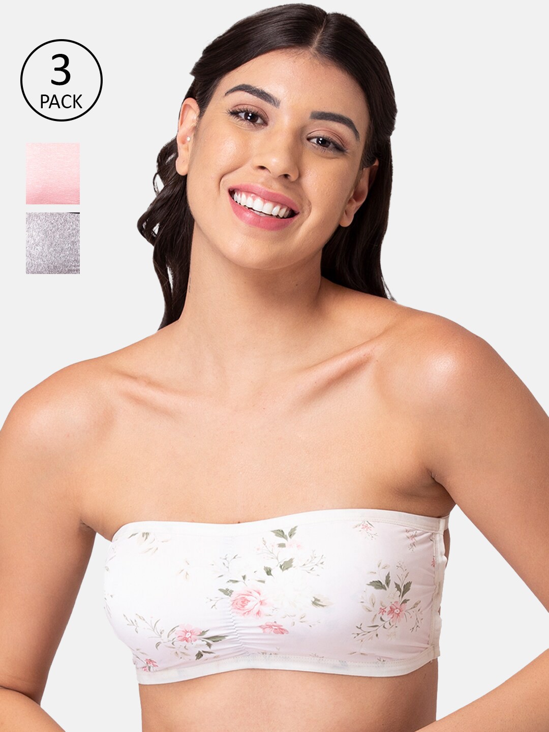 

KOMLI Pack Of 3 Printed Bandeau Bras - Wireless Removable Padding, Pink