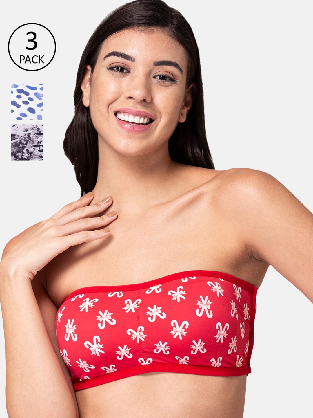 

KOMLI Pack Of 3 Printed Bandeau Bras - Wireless Removable Padding, Red