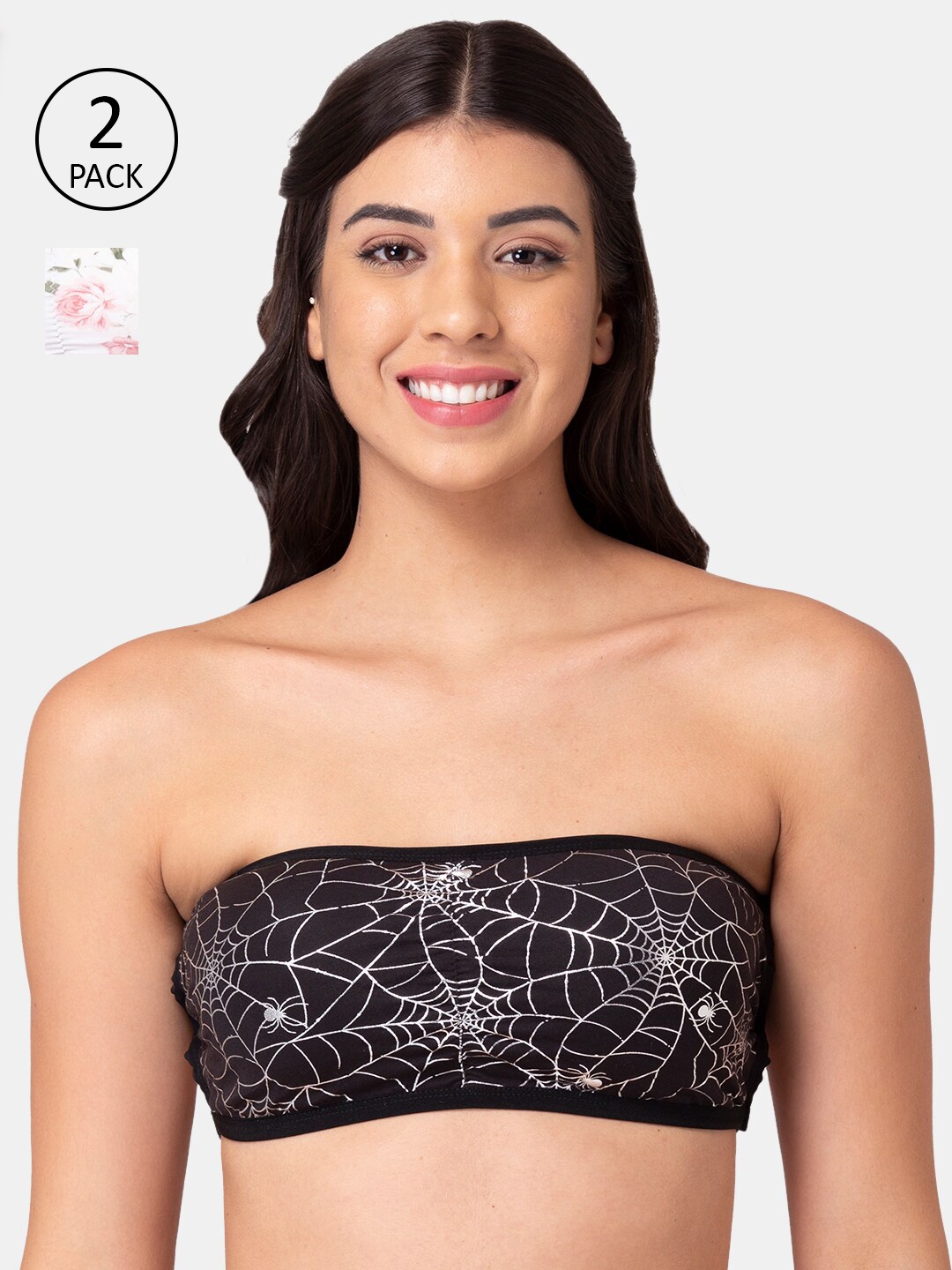 

KOMLI Pack Of 2 Printed Bandeau Bras - Wireless Removable Padding, Black