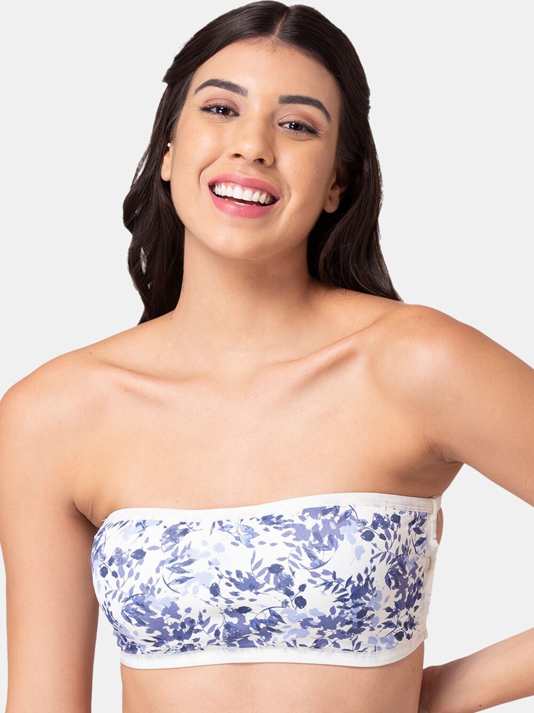 

KOMLI White & Blue Printed Bandeau Bra - Wireless Removable Padding