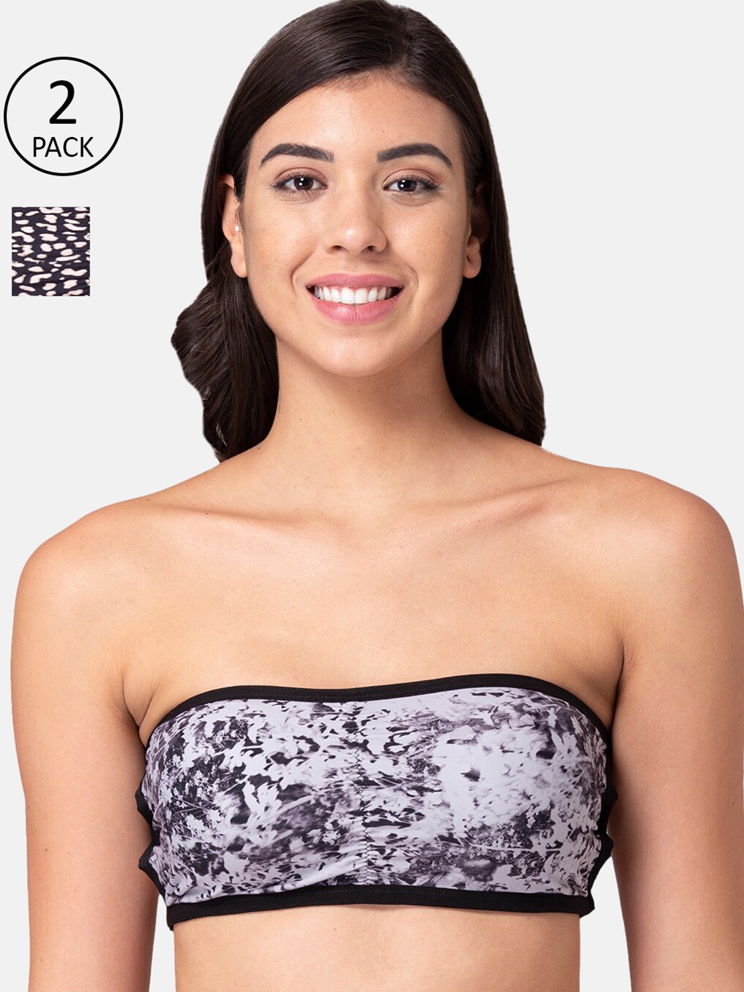 

KOMLI Pack Of 2 Printed Bandeau Bras - Wireless Removable Padding, Grey