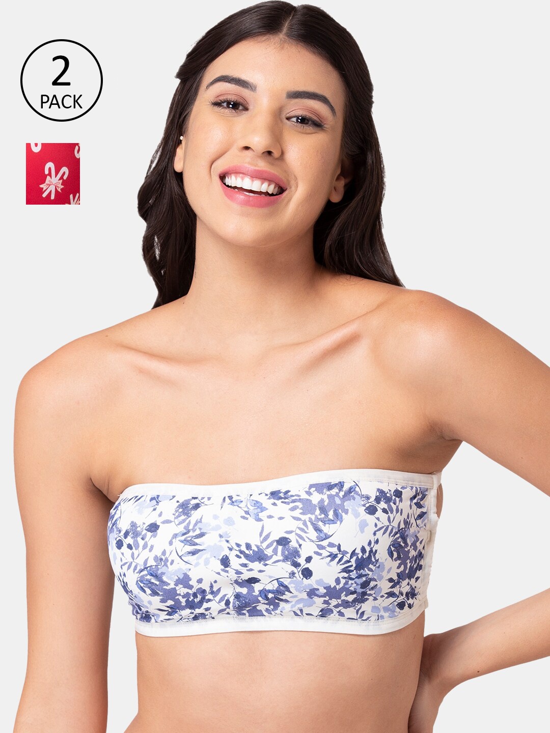 

KOMLI Pack Of 2 Printed Bandeau Bras - Wireless Removable Padding, White