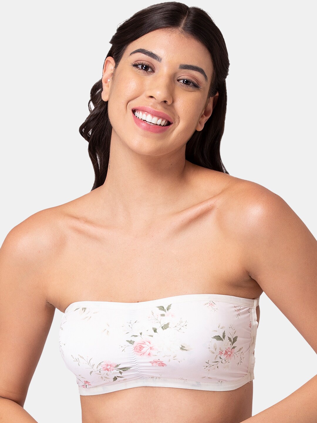 

KOMLI White & Green Printed Bandeau Bra - Wireless Removable Padding