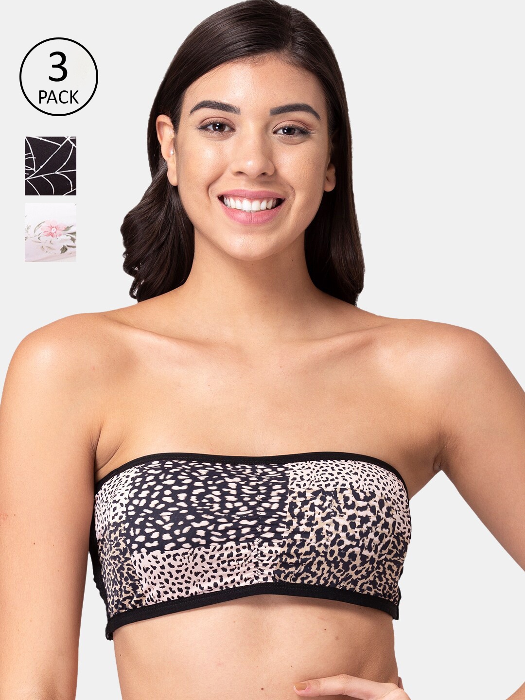 

KOMLI Pack Of 3 Printed Bandeau Bras - Wireless Removable Padding, Black