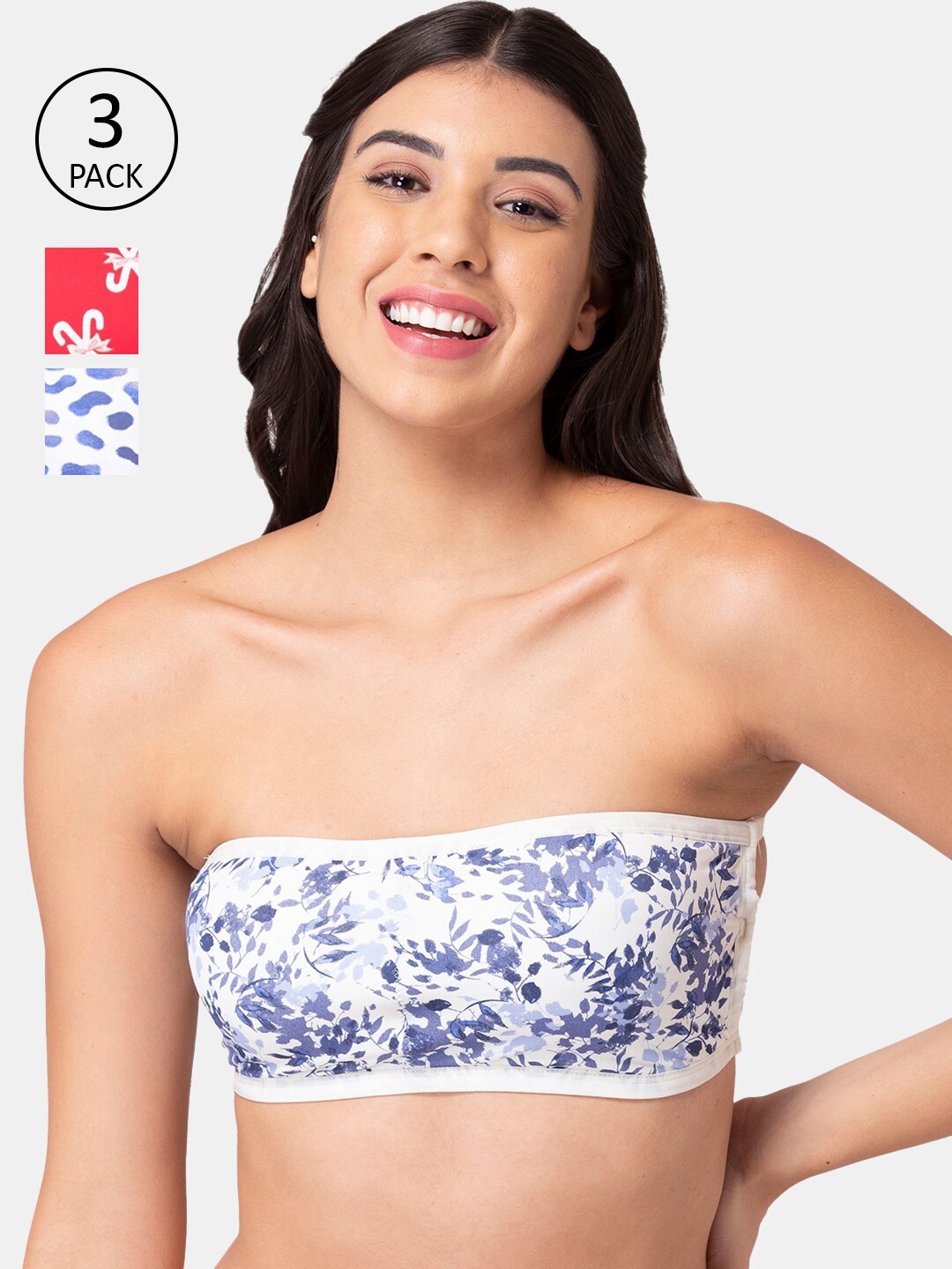 

KOMLI Pack Of 3 Printed Bandeau Bras - Wireless Removable Padding, Red