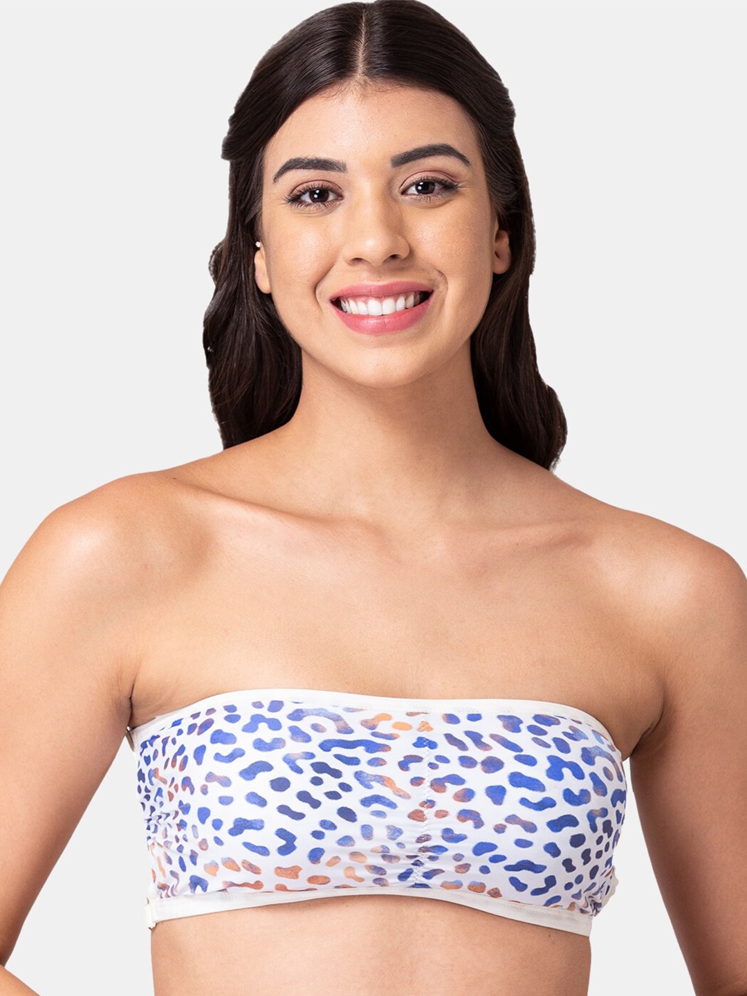 

KOMLI Blue & White Printed Bandeau Bra - Wireless Removable Padding