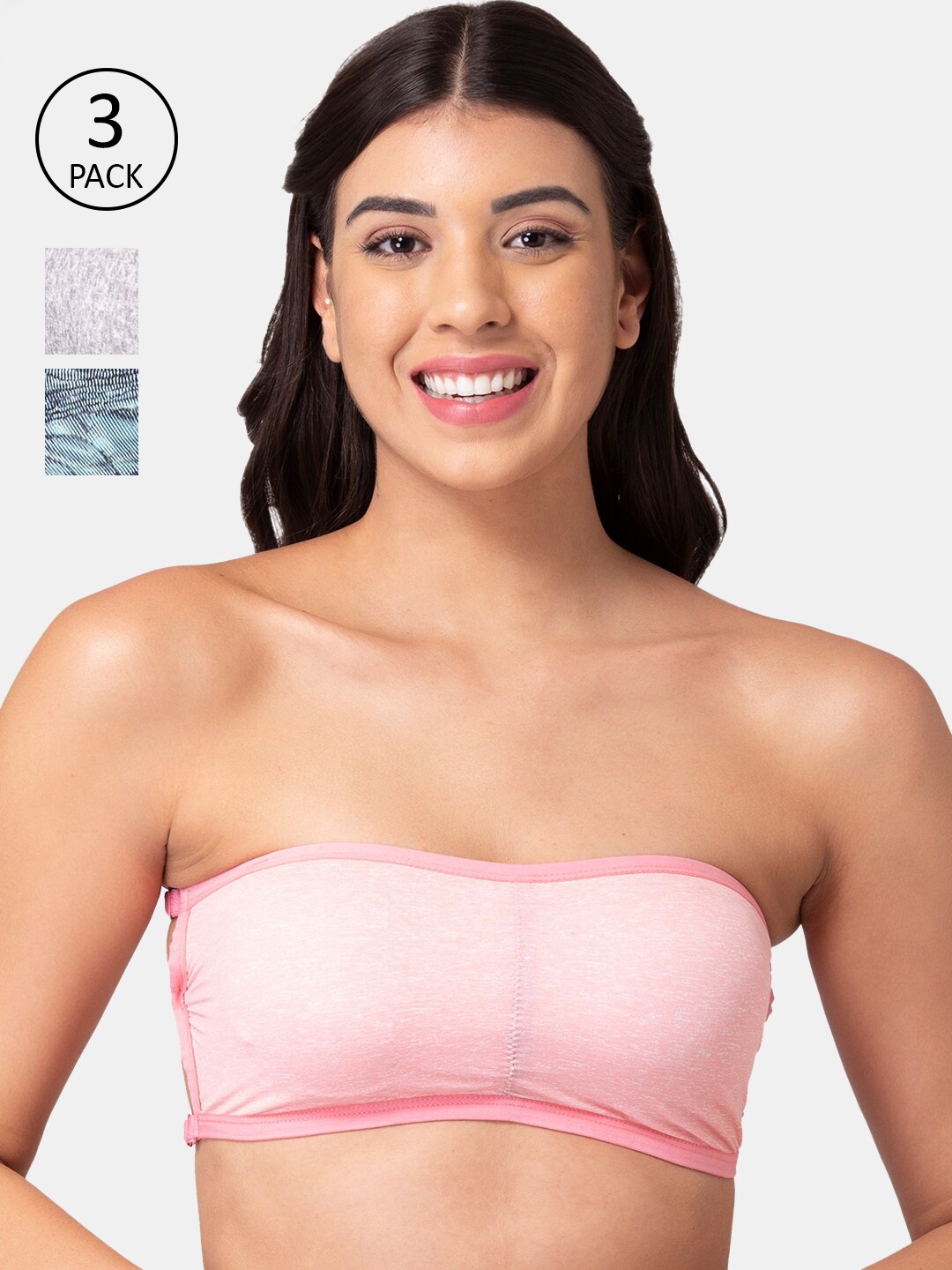 

KOMLI Pack Of 3 Printed Bandeau Bras - Wireless Removable Padding, Rose