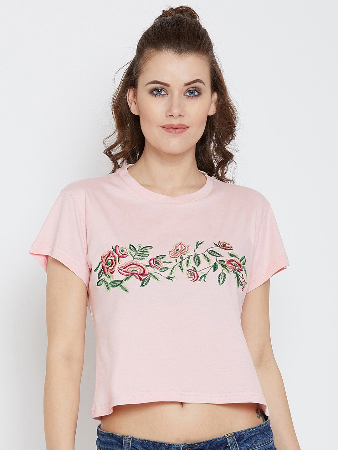 

JUMP USA Pink Pure Cotton Floral Embroidered Regular Crop Top