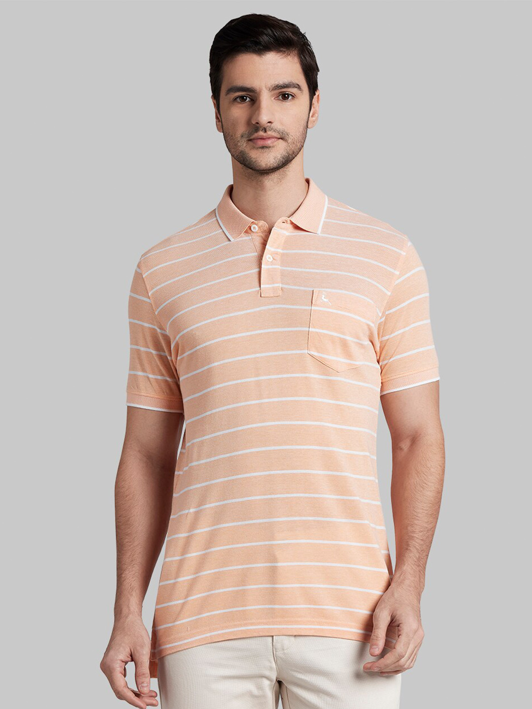 

Parx Men Orange & White Striped Cotton Polo Collar T-shirt