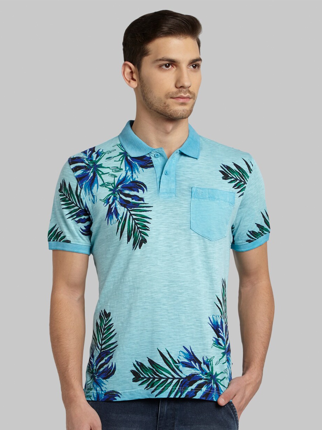 

Parx Men Blue Tropical Print Polo Collar Pockets T-shirt