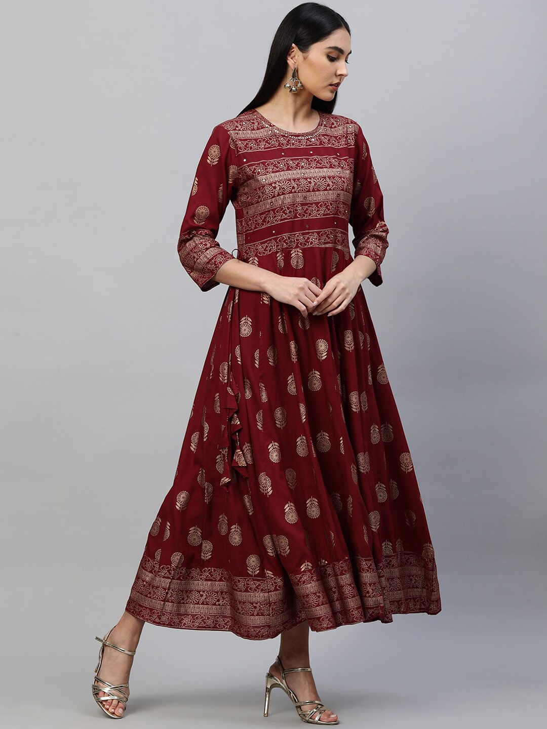 

FASHOR Women Maroon Ethnic Motifs Ethnic Maxi Dress