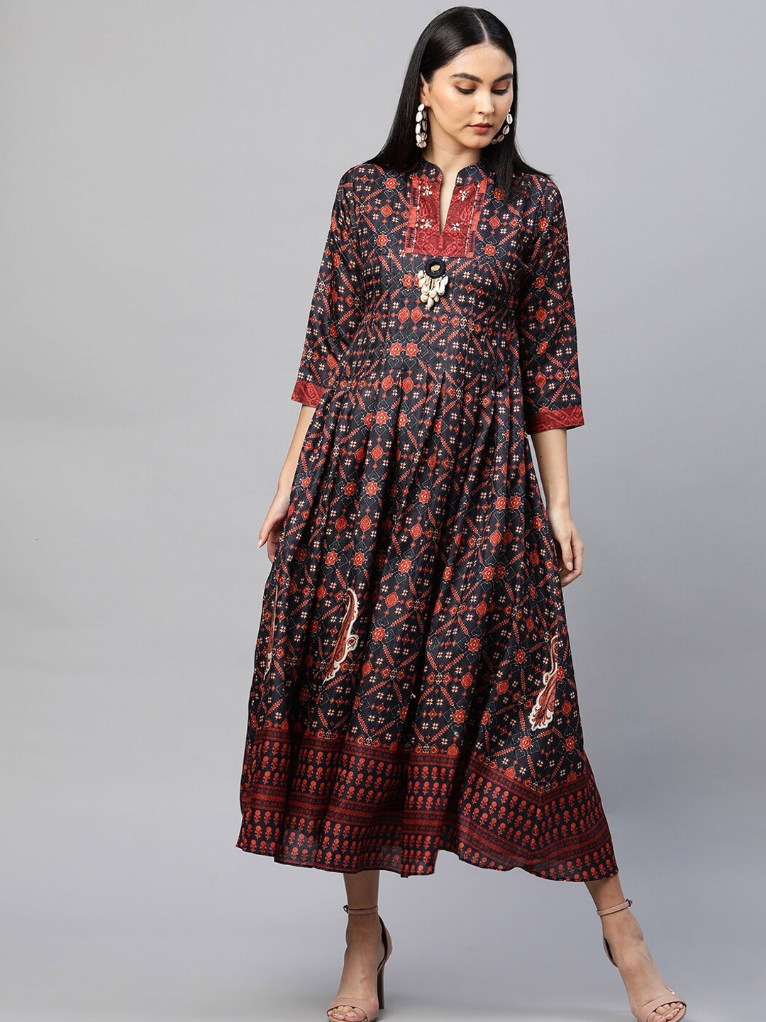 

FASHOR Navy Blue & Red Ethnic Motifs Maxi Midi Dress