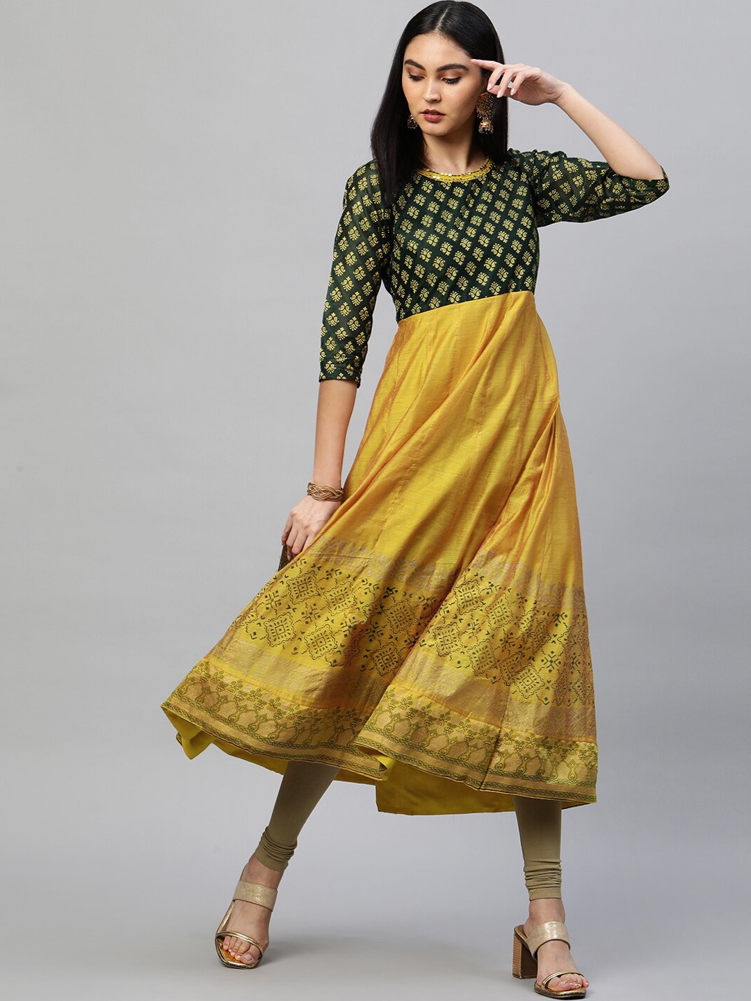 

FASHOR Women Mustard Yellow & Black Ethnic Motifs Printed Block Print Anarkali Kurta