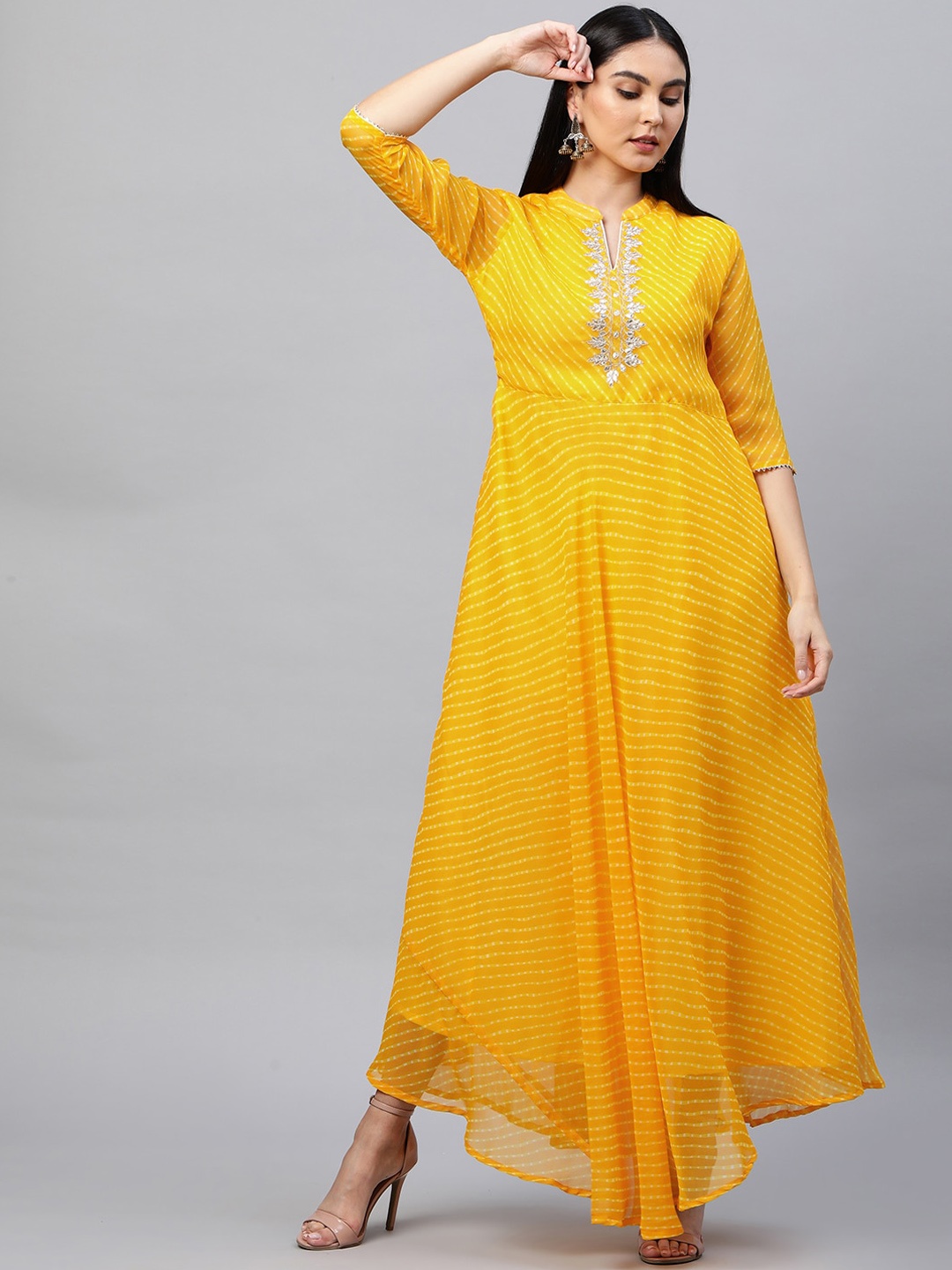 

FASHOR Yellow Leheriya Printed Gota Patti Georgette Ethnic Maxi Dress