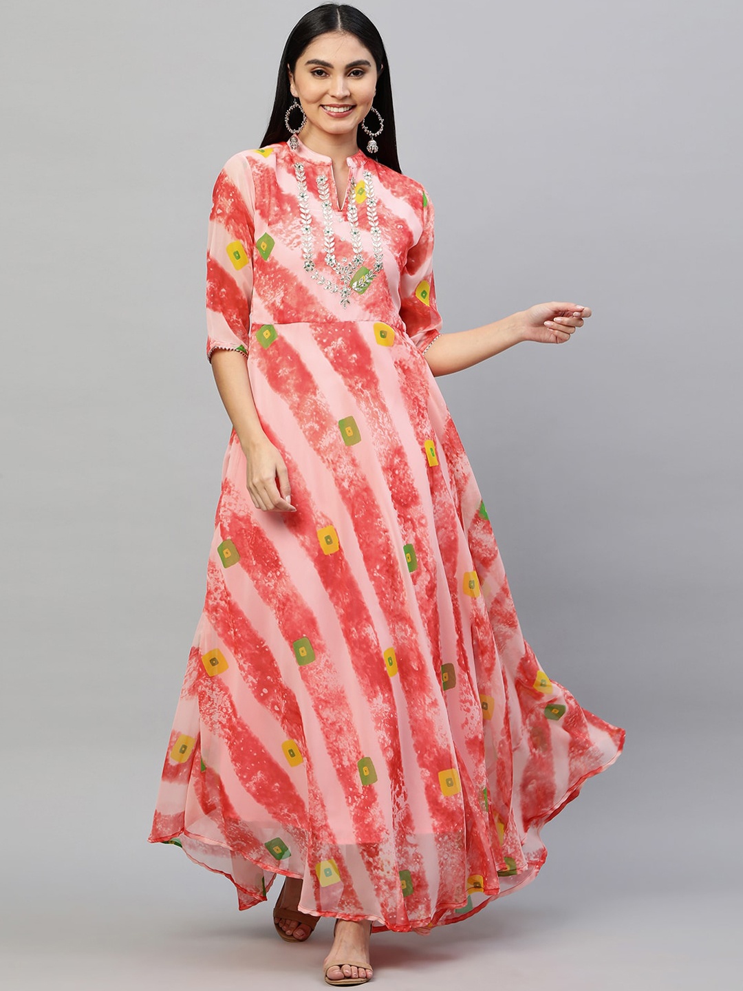 

FASHOR Peach-Coloured Leheriya Printed & Embellished Georgette Maxi Dress