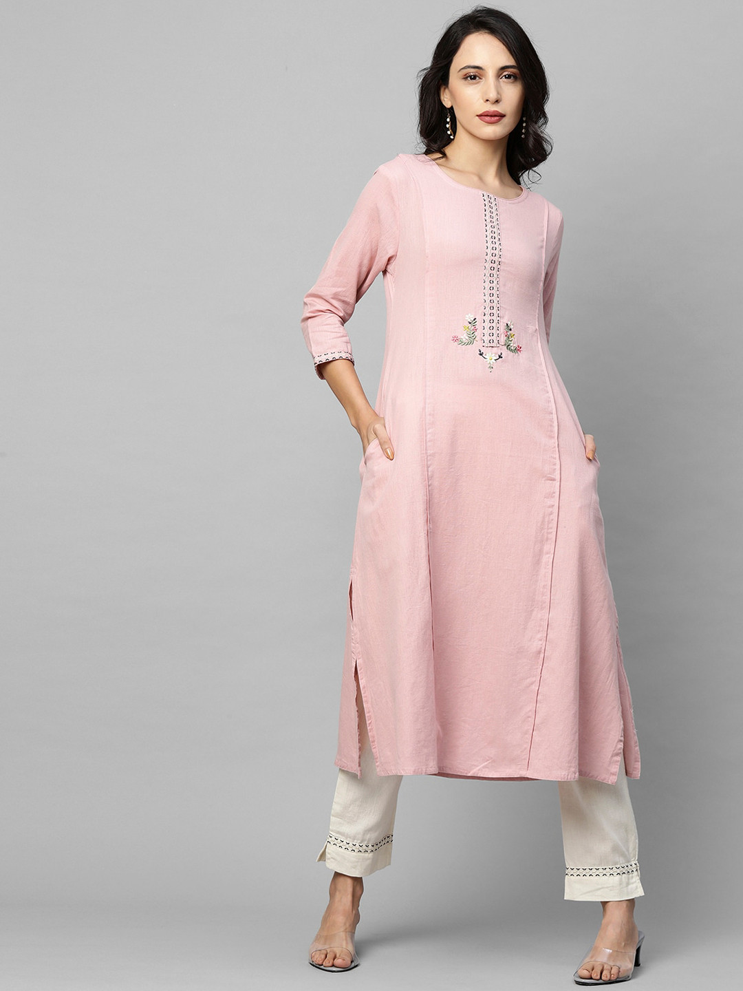 

FASHOR Women Pink & White Floral Yoke Design Thread Work Pure Cotton Kurta with Trousers