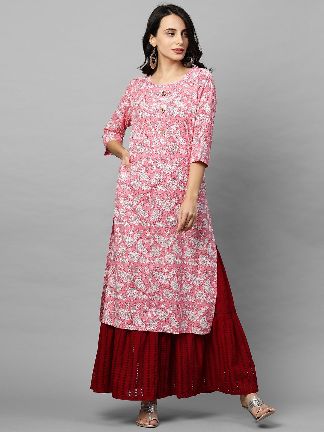 

FASHOR Women Pink & Off White Floral Printed Kurta