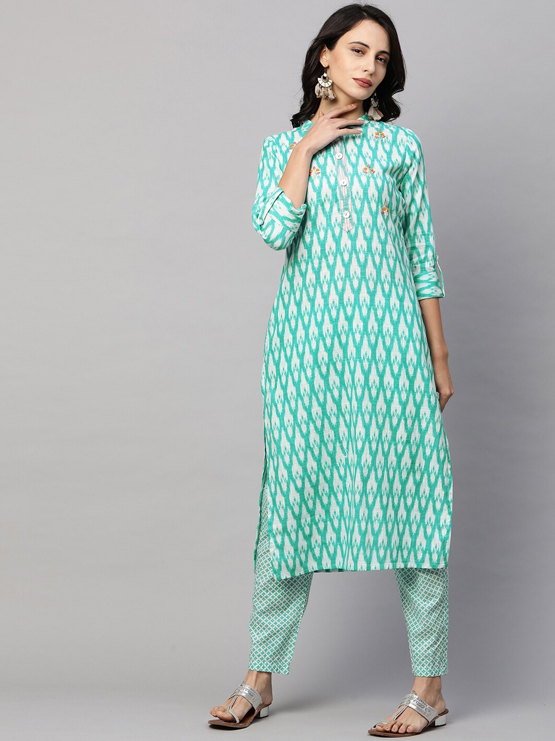 

FASHOR Women Turquoise Blue Printed Regular Pure Cotton Kurta with Trousers