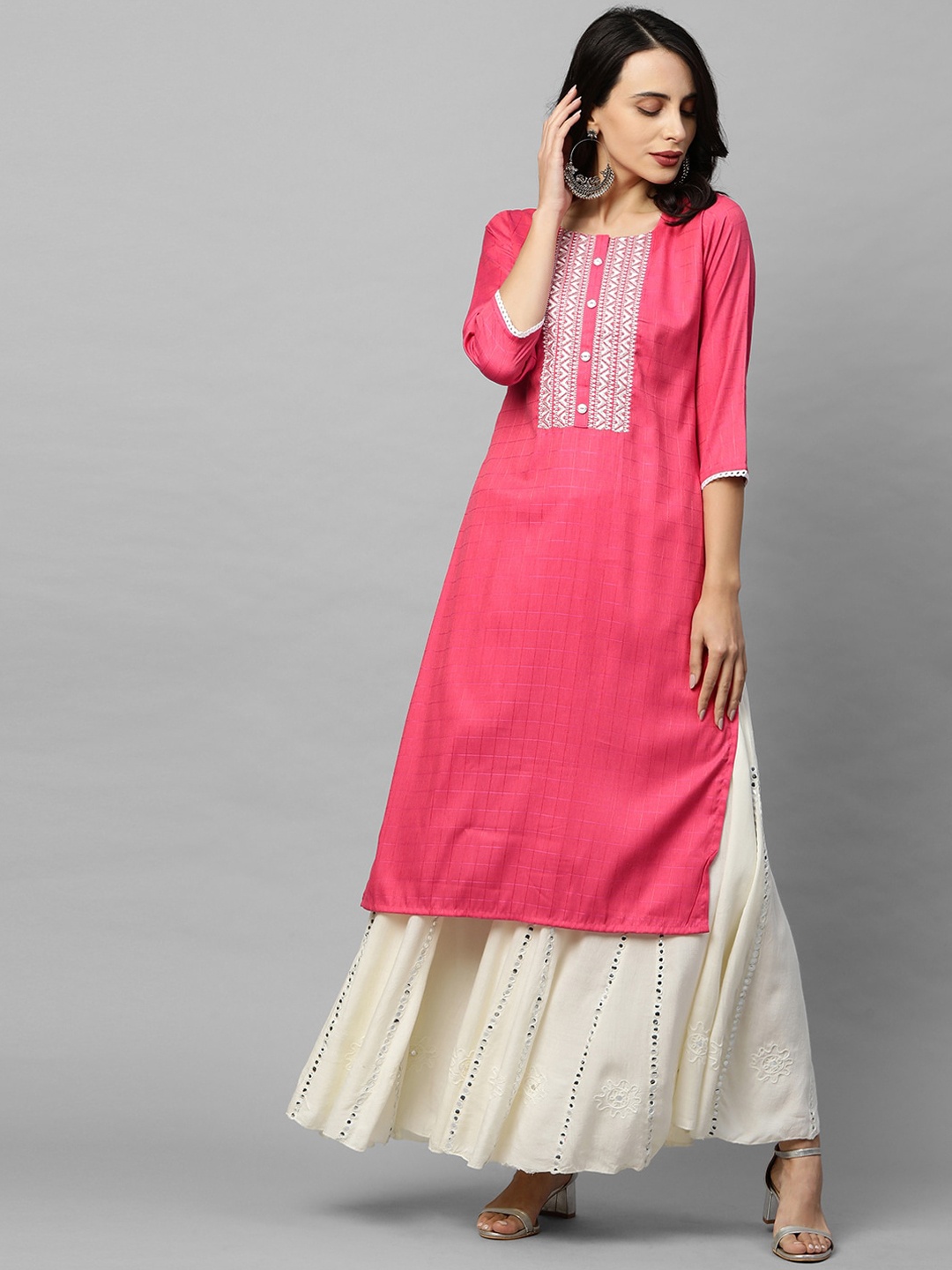 

FASHOR Women Pink Embroidered Thread Work Kurta