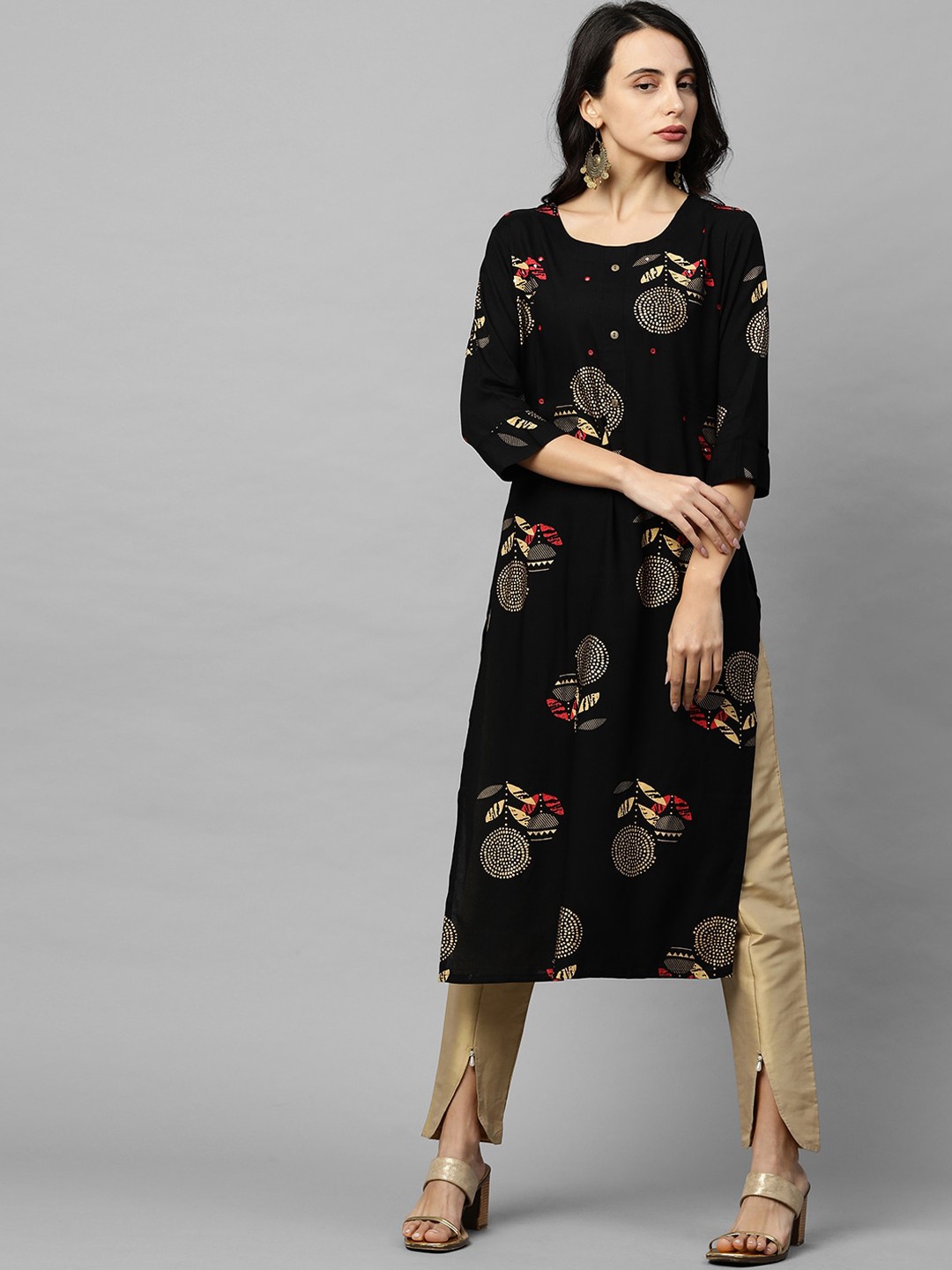 

FASHOR Women Black Foil Print Kurta