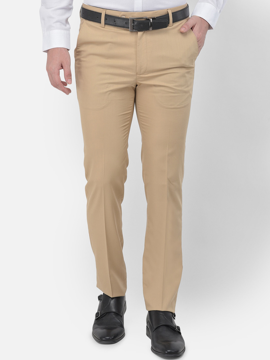 

Canary London Men Khaki Textured Smart Slim Fit Wrinkle Free Formal Trousers