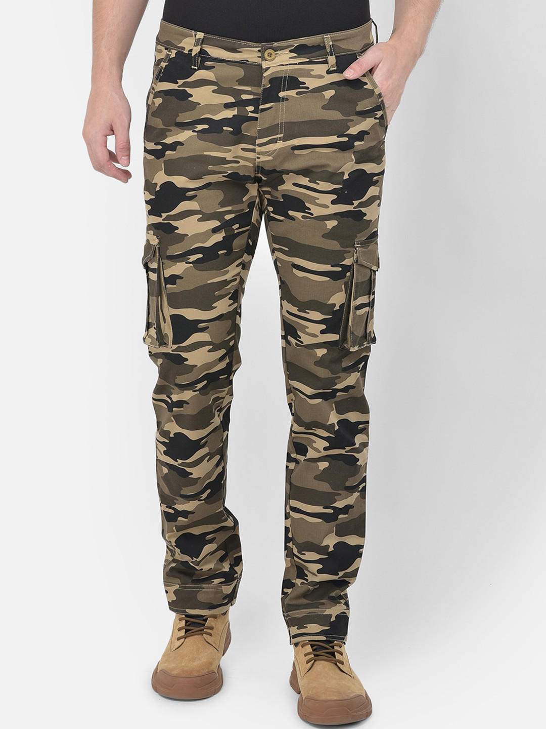 

Canary London Men Khaki Camouflage Printed Slim Fit Wrinkle Free Cargos Trousers
