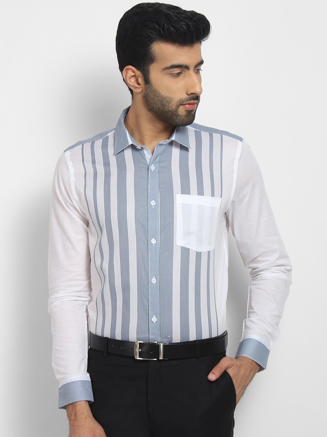

cape canary Men Blue Opaque Striped Formal Shirt