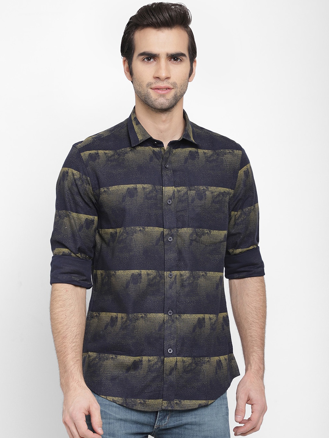 

cape canary Men Navy Blue Opaque Printed Casual Shirt