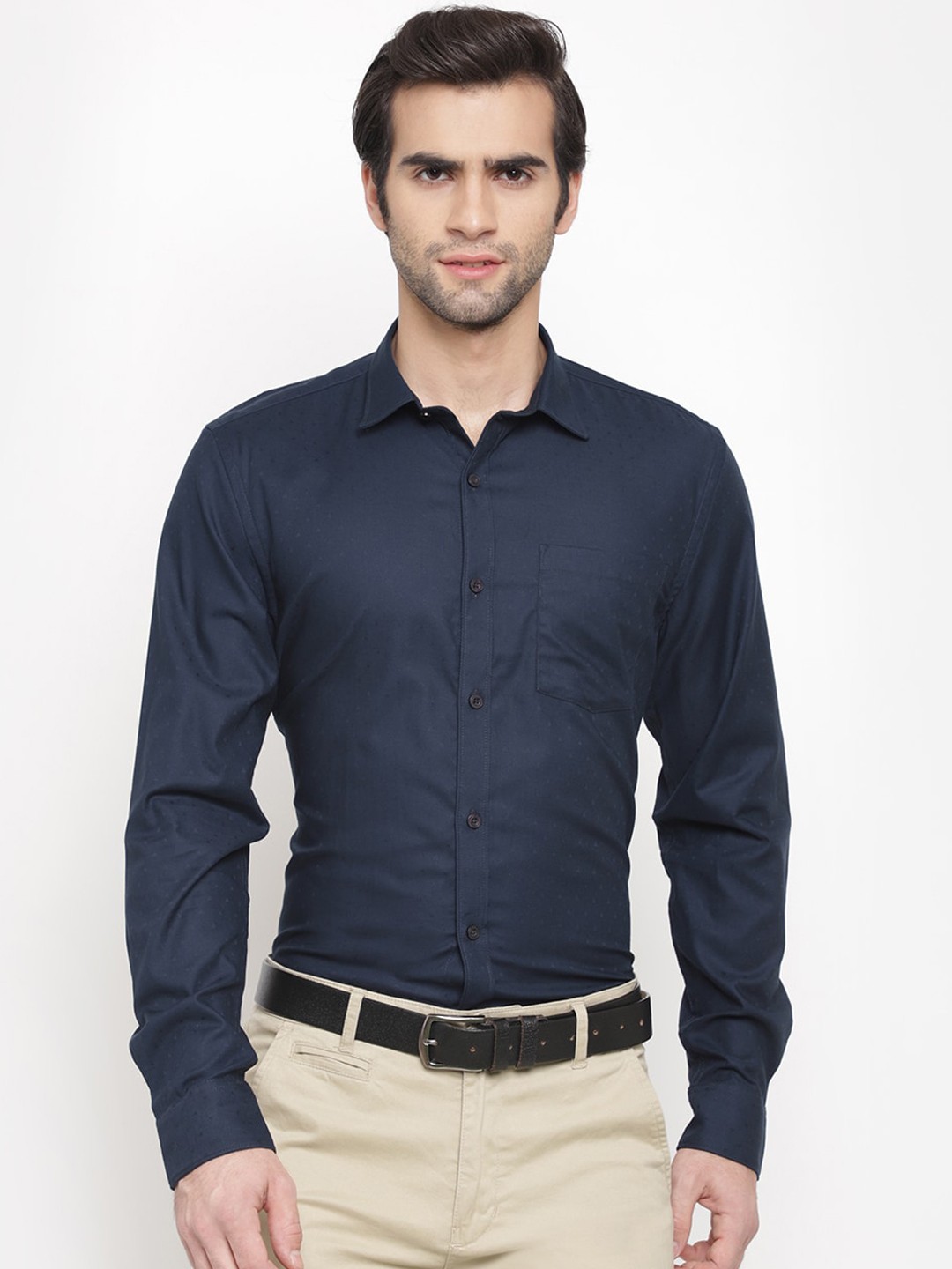 

cape canary Men Navy Blue Opaque Formal Shirt