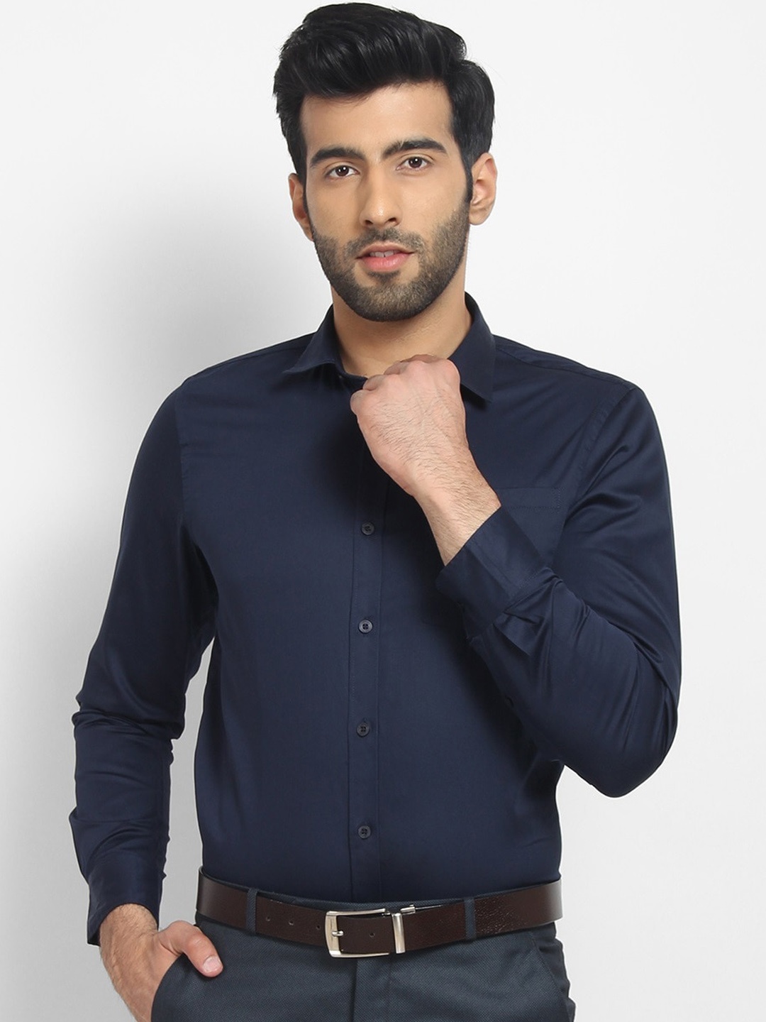 

cape canary Men Navy Blue Opaque Formal Shirt