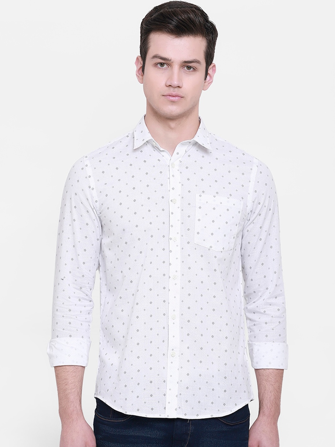 

cape canary Men White Printed Micro Ditsy Casual Shirt